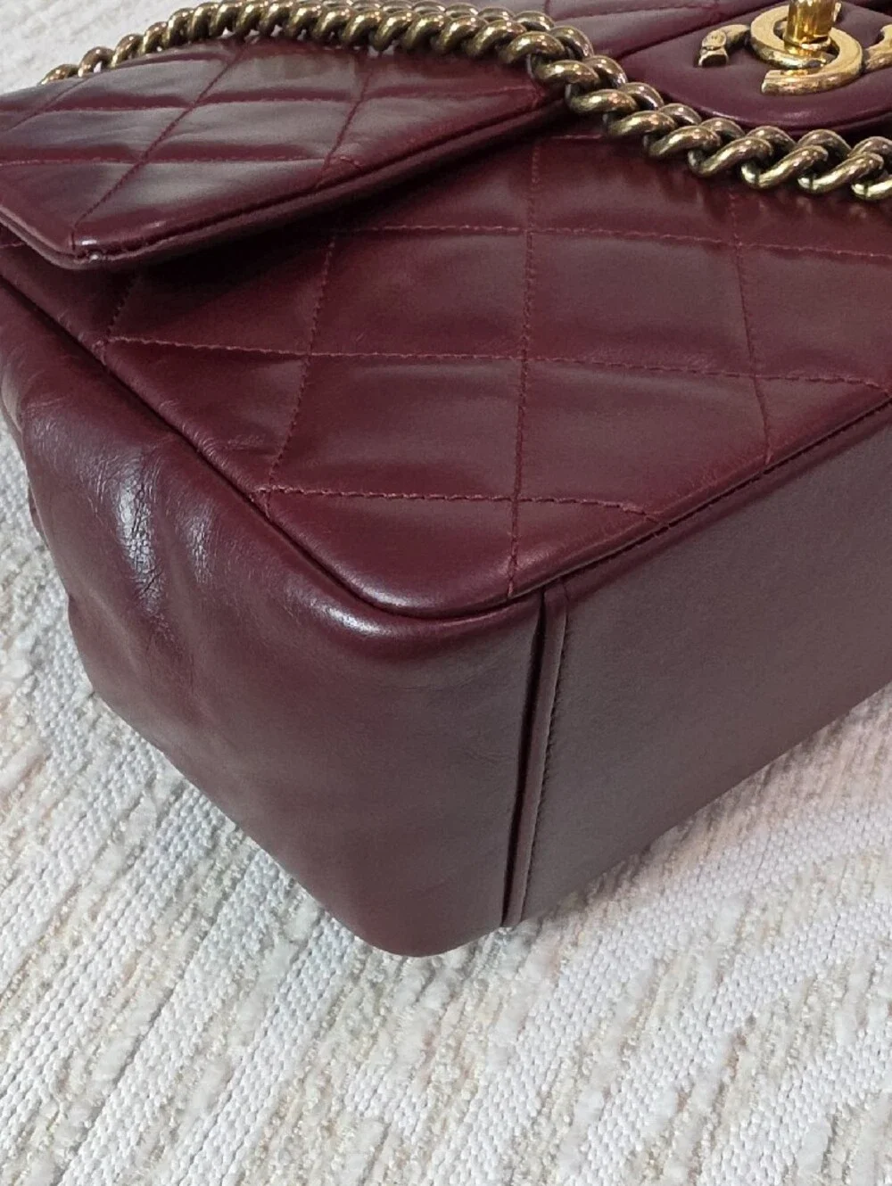 CHANEL Crinkle Leather Top-Hnadle Flap Bag in Deep Burgundy with Gold Hardware